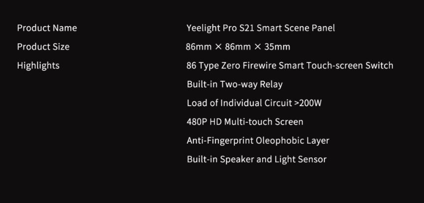 Thông số YEELIGHT Pro S21 Smart Scene Panel YLP029 Thông số YEELIGHT Pro S21 Smart Scene Panel YLP029