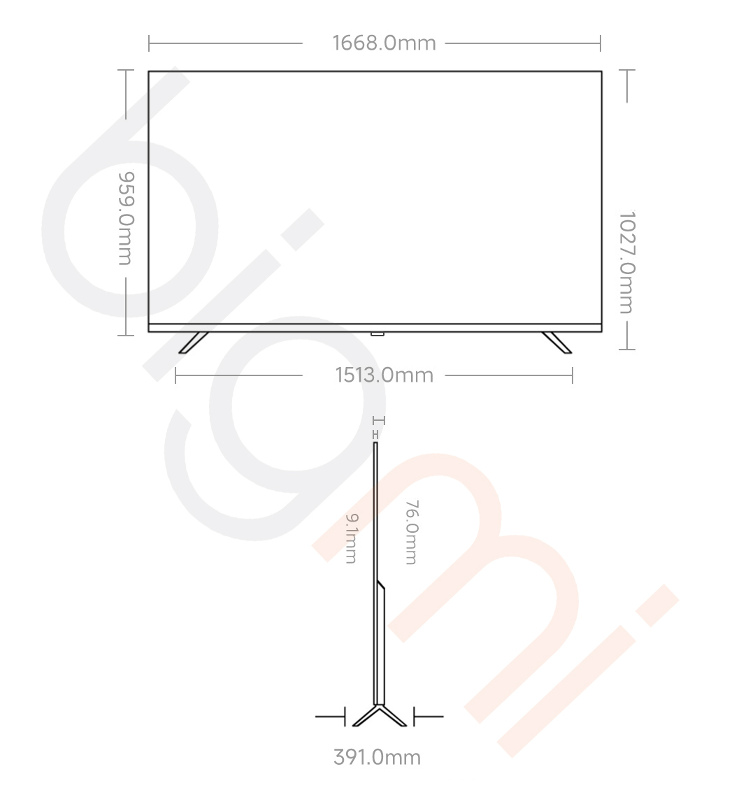Kích thước Smart Tivi Redmi A75 inch 2025 L75MA-RAE Kích thước Smart Tivi Redmi A75 inch 2025 L75MA-RAE
